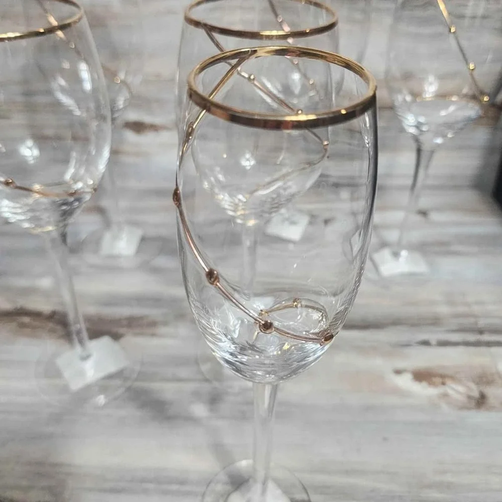 Pier 1 Gold Dot‎ Swirl Wine Goblets and Serving Bowl Set 7pc Mouth Blown Glass